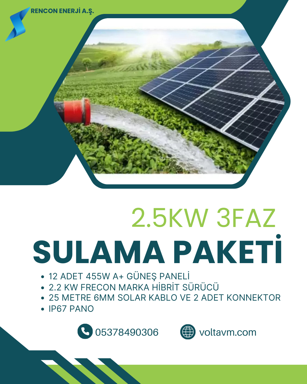 2.5KW 3HP 5460W SOLAR SULAMA PAKETİ;12 ADET 455W Güneş Paneli 1 adet FRECON PV500 HİBRİT SÜRÜCÜLÜ INVERTER 25metre 6mm DC Solar Kablo 2 Adet Konnektor