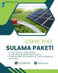 2.5KW 3HP 5460W SOLAR SULAMA PAKETİ;12 ADET 455W Güneş Paneli 1 adet FRECON PV500 HİBRİT SÜRÜCÜLÜ INVERTER 25metre 6mm DC Solar Kablo 2 Adet Konnektor