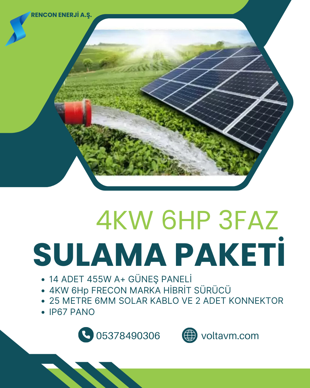 4KW 6HP SOLAR SULAMA PAKETİ;14 ADET 455W Güneş Paneli 1 adet 6Hp FRECON PV500 SOLAR SÜRÜCÜLÜ INVERTER 25metre 6mm DC Solar Kablo 2 Adet Konnektor