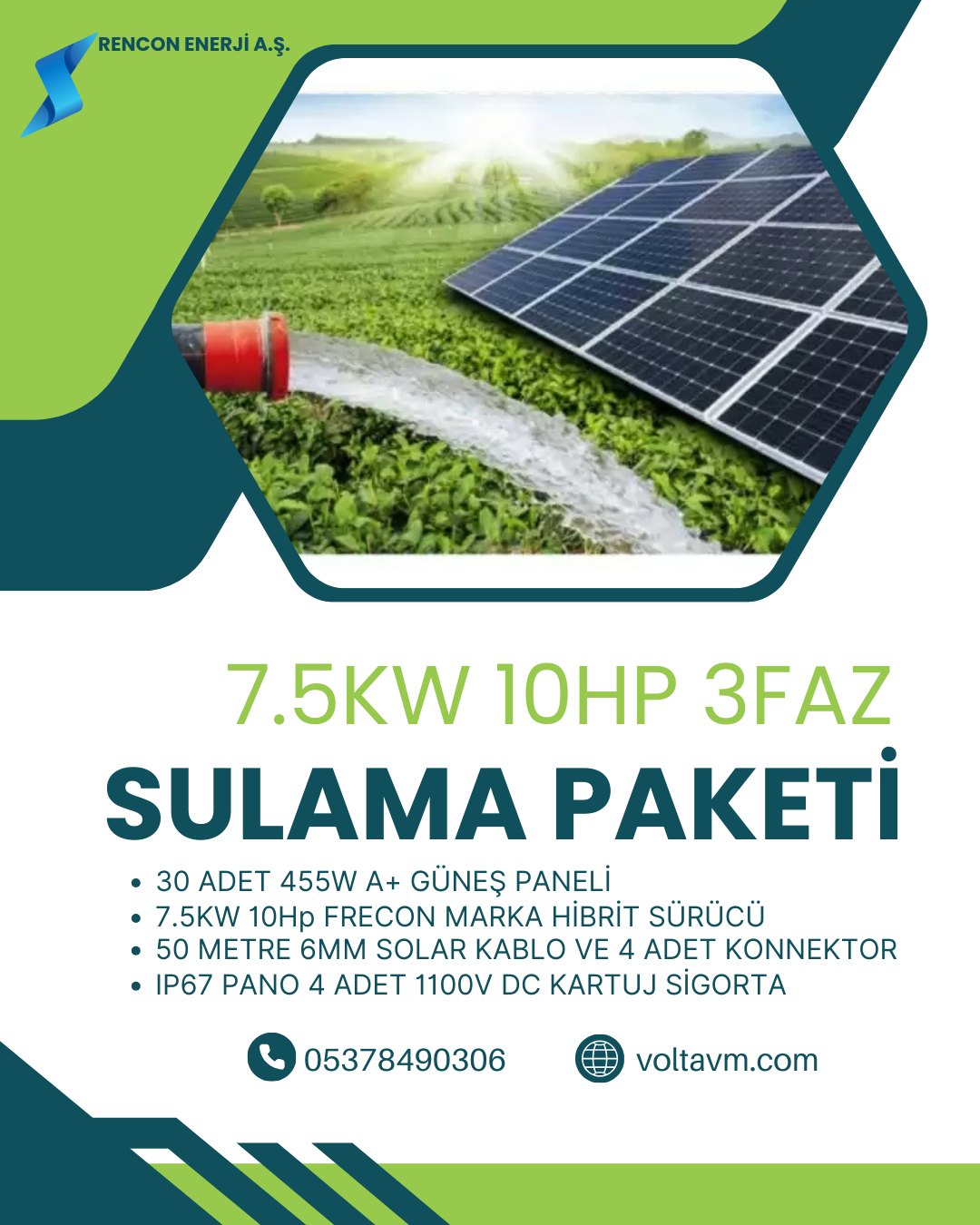 7.5KW 10HP MOTOR İÇİN SOLAR SULAMA PAKETİ;30 ADET 455W A+ Güneş Paneli 1 adet 10Hp FRECON PV500 SOLAR SÜRÜCÜLÜ INVERTER 50 Metre 6mm DC Solar Kablo 4 Adet MC4 Konnektor 4 Adet 1100V DC Kartuj Sigorta Ve Yuvası