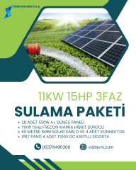 11KW 15HP MOTOR İÇİN SOLAR SULAMA PAKETİ;28 ADET 550W A+ Güneş Paneli 1 adet 15Hp FRECON PV500 SOLAR SÜRÜCÜLÜ INVERTER 50 Metre 6mm DC Solar Kablo 4 Adet MC4 Konnektor 4 Adet 1100V DC Kartuj Sigorta Ve Yuvası