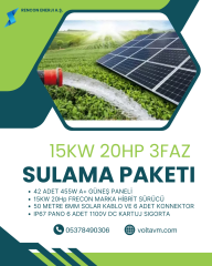 15KW 20HP MOTOR İÇİN SOLAR SULAMA PAKETİ;42 ADET 455W A+ Güneş Paneli 1 adet 20 Hp FRECON PV500 SOLAR SÜRÜCÜLÜ INVERTER 75 Metre 6mm DC Solar Kablo 6 Adet MC4 Konnektor 6 Adet 1100V DC Kartuj Sigorta Ve Yuvası