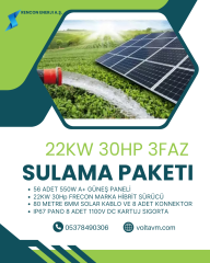 22KW 30HP MOTOR İÇİN SOLAR SULAMA PAKETİ;56 ADET 550W A+ Güneş Paneli 1 adet 30 Hp FRECON PV500 SOLAR SÜRÜCÜLÜ INVERTER 150 Metre 6mm DC Solar Kablo  Adet MC4 Konnektor 8 Adet 1100V DC Kartuj Sigorta Ve Yuvası