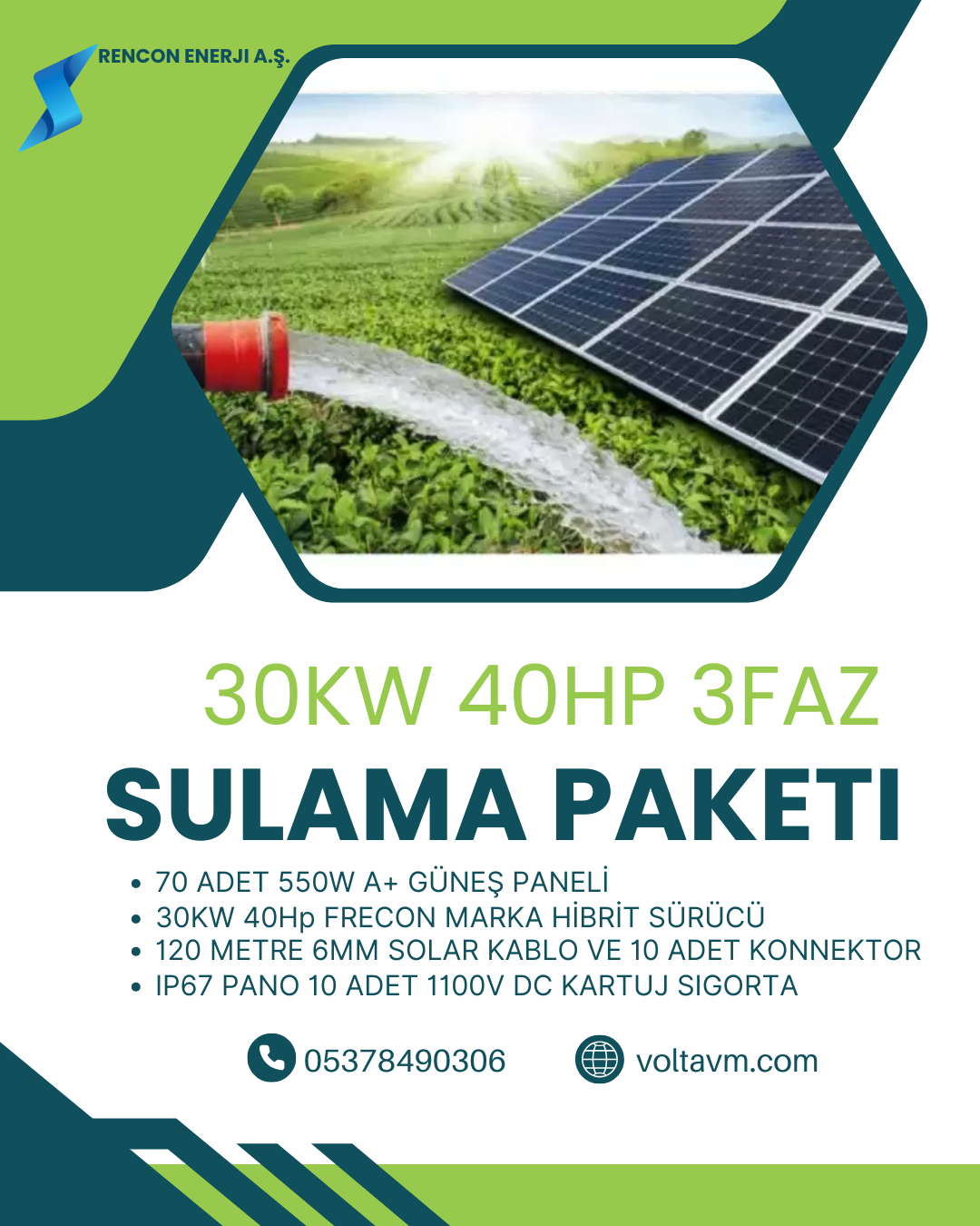 30KW 40HP MOTOR İÇİN SOLAR SULAMA PAKETİ;70 ADET 550W A+ Güneş Paneli 1 adet 40 Hp FRECON PV500 SOLAR SÜRÜCÜLÜ INVERTER 180 Metre 6mm DC Solar Kablo 10 Adet MC4 Konnektor 10 Adet 1100V DC Kartuj Sigorta Ve Yuvası