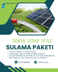 30KW 40HP MOTOR İÇİN SOLAR SULAMA PAKETİ;70 ADET 550W A+ Güneş Paneli 1 adet 40 Hp FRECON PV500 SOLAR SÜRÜCÜLÜ INVERTER 180 Metre 6mm DC Solar Kablo 10 Adet MC4 Konnektor 10 Adet 1100V DC Kartuj Sigorta Ve Yuvası