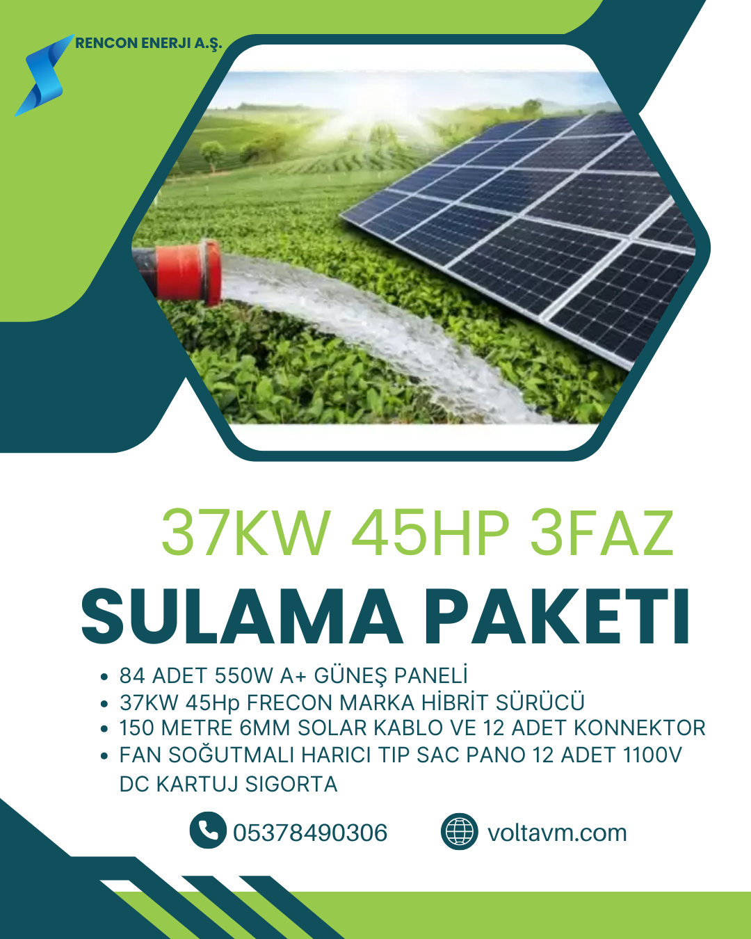 37KW 45HP MOTOR İÇİN SOLAR SULAMA PAKETİ;84 ADET 550W A+ Güneş Paneli 1 adet 45 Hp FRECON PV500 SOLAR SÜRÜCÜLÜ INVERTER 210 Metre 6mm DC Solar Kablo 12 Adet MC4 Konnektor 12 Adet 1100V DC Kartuj Sigorta Ve Yuvası