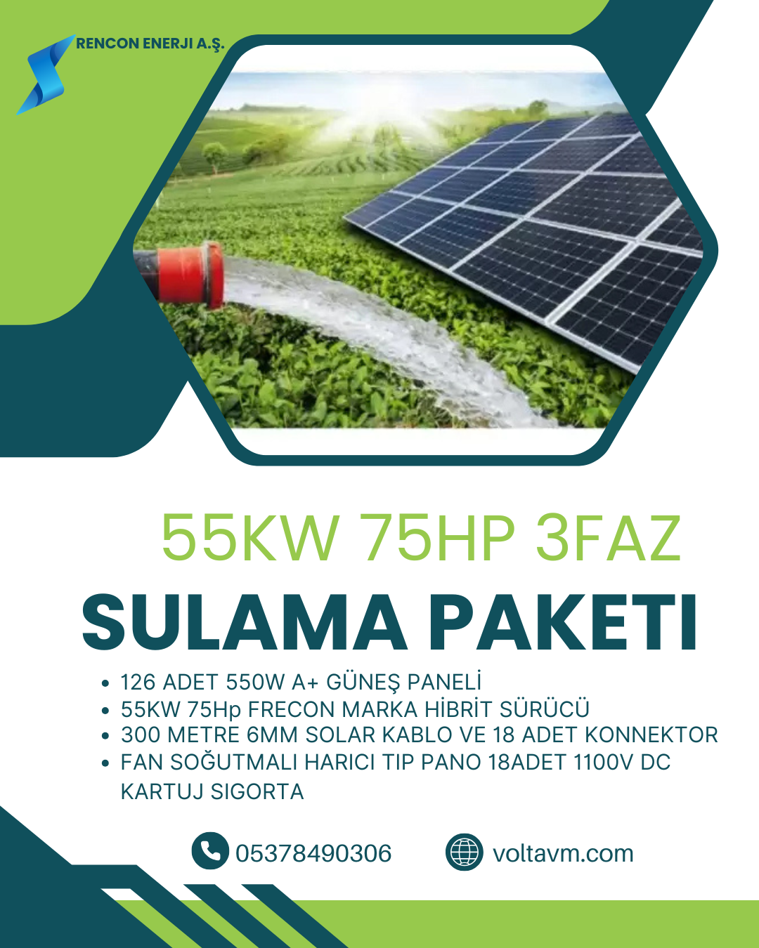 55KW 75HP MOTOR İÇİN SOLAR SULAMA PAKETİ;126 ADET 550W A+ Güneş Paneli 1 adet 75 Hp FRECON PV500 SOLAR SÜRÜCÜLÜ INVERTER 800 Metre 6mm DC Solar Kablo 18 Adet MC4 Konnektor 18 Adet 1100V DC Kartuj Sigorta Ve Yuvası