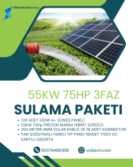 55KW 75HP MOTOR İÇİN SOLAR SULAMA PAKETİ;126 ADET 550W A+ Güneş Paneli 1 adet 75 Hp FRECON PV500 SOLAR SÜRÜCÜLÜ INVERTER 800 Metre 6mm DC Solar Kablo 18 Adet MC4 Konnektor 18 Adet 1100V DC Kartuj Sigorta Ve Yuvası